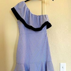 One shoulder blue/white pinstripe dress by Lucy Paris.